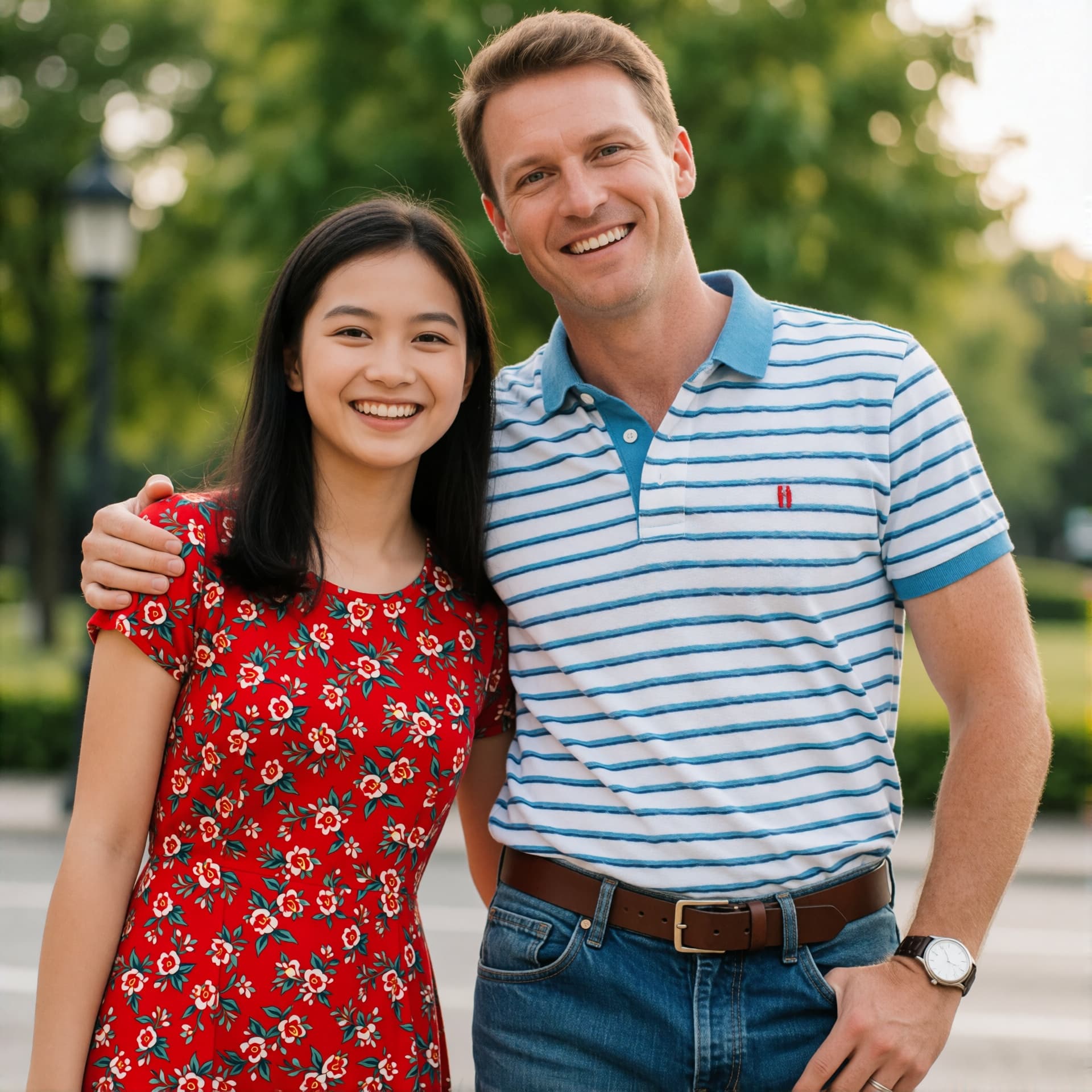 A smiling couple posing together in a park