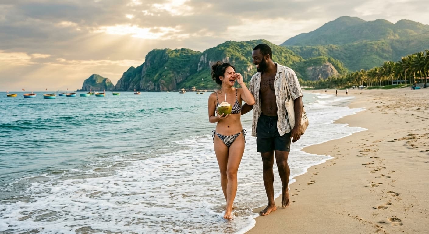A couple walking hand in hand along a beach at sunset
